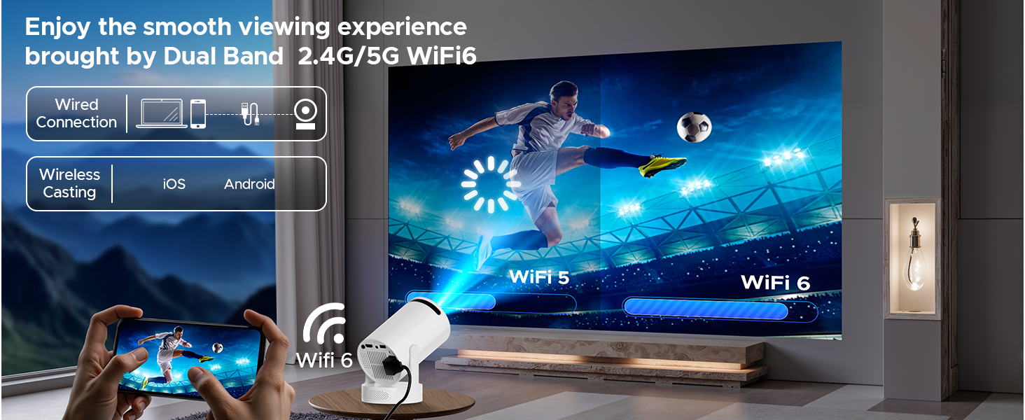 Портативний проєктор Mini Beamer з динаміком, підтримка 1080P/4K, Auto Keystone, WiFi 6, Bluetooth 5.0, 220° обертання, для домашнього кінотеатру та використання на вулиці