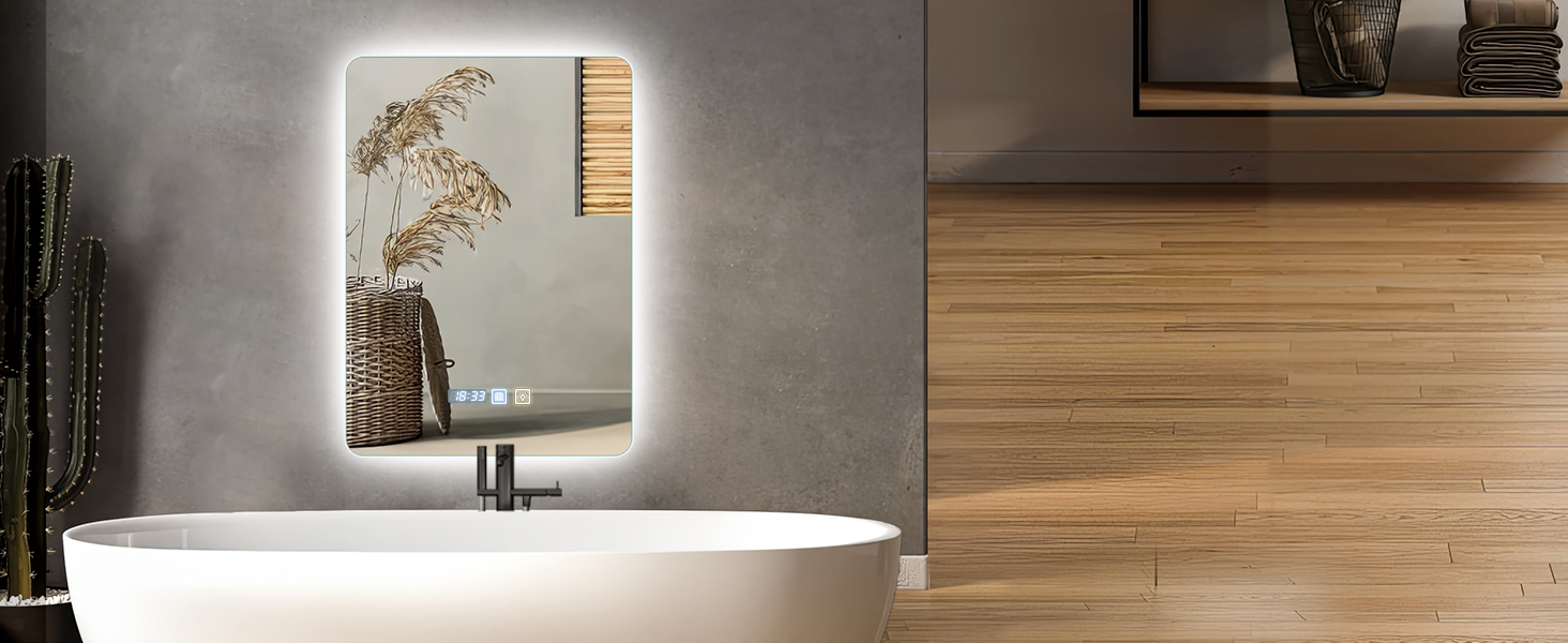 Дзеркало Bellanny LED з підсвічуванням 60 см | Настінне дзеркало для ванної кімнати, комодний дзеркало | Дзеркало для макіяжу з сенсорним вимикачем, 3 кольори світла, регульована яскравість, проти запотівання, IP44, горизонтальне/вертикальне (прямокутне - 70*50 см)