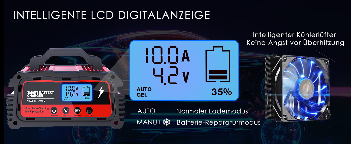 Зарядний пристрій для акумулятора 12V/24V LEICESTERCN - Автомобільний, мотоциклетний, з LCD, 5/10/25A, 6-ступінчастий, з багаторазовим захистом