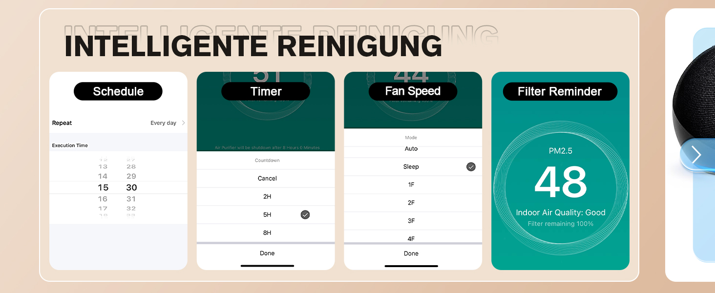 Повітряний очисник Smart для великих приміщень, для алергіків з HEPA фільтром, CADR 300 м³/год, зворотний зв'язок про якість повітря, автоматичний режим, 24 дБ, таймер, білий