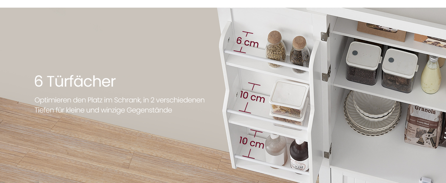 Шафа кухонна VASAGLE, висока, буфет-вітрина, з регульованими полицями, з ящиками, для кухні/вітальні, 40 x 76 x 182,1 см, білий BBC561W21