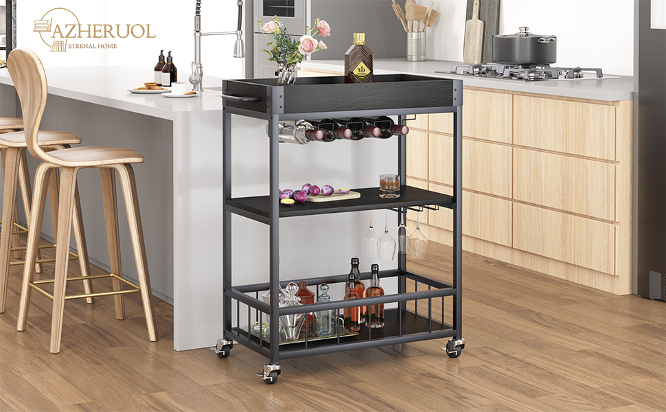 Сервізний візок Huhote з полицею для вина, барний візок, візок для напоїв, візок на колесах, візок для вина в їдальню, кухню, вітальню, бар, на вечірку, з імітацією текстури дерева (чорний, безіржавний кошик)