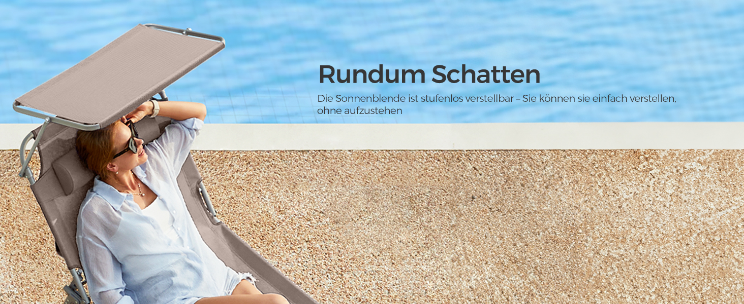 Лежак для відпочинку SONGMICS, розкладний, 193 x 53 x 29 см, до 150 кг, захист від сонця, подушка, регульована спинка, для саду, басейну, тераси (Taupe, без наматрацу)