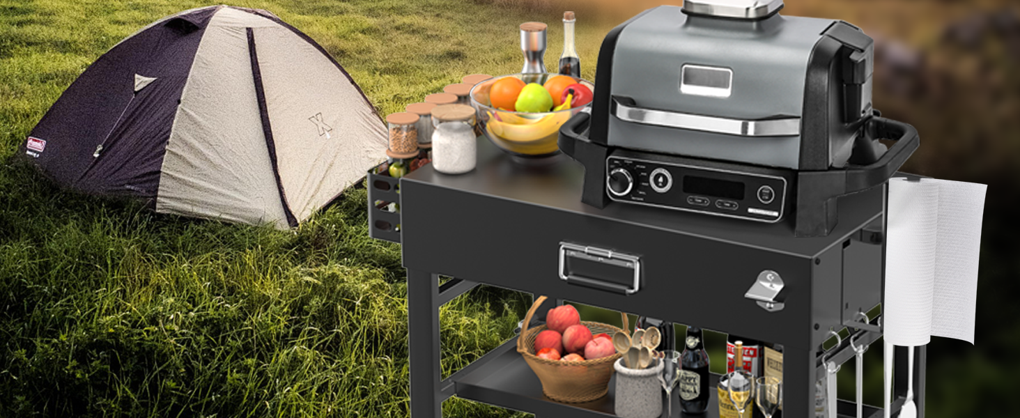 Мобільний гриль-візок для Ninja Woodfire, Weber, Blackstone, Nexgrill, Traeger та інших грилів, візок для гриля з колесами та тримачем для паперових рушників (86 см)