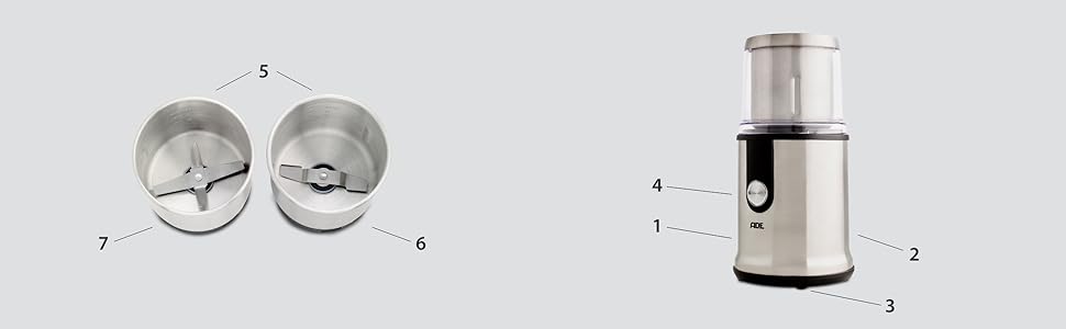 Електрична кавомолка ADE гострі ножі з нержавіючої сталі Плавне регулювання помелу від грубого до дрібного 2 контейнери для подрібнення кави, горіхів, злаків, трав, песто 300 Вт