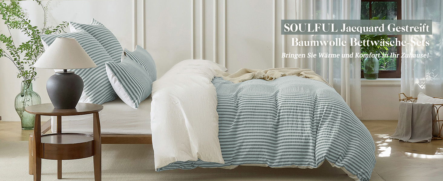 Набір постільної білизни SOULFUL 200x200, бавовна, смугастий дизайн, джакард, екологічна бавовна, бохо стиль, преміум якість, сертифікат Öko-Tex 100, колір деним (темно-зелений & білий), 4-елементний комплект (2x 135*200 см | 2x 80*80 см)