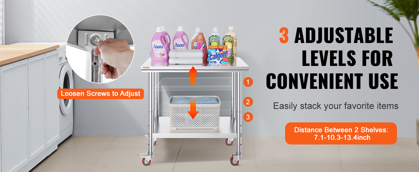 Нержавійна кухонна стільниця VEVOR 90x60x85 см з 4 роликами, регулювання висоти, 136 кг, для приготування їжі, сріблястого кольору
