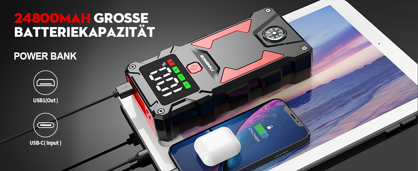 Пусковий пристрій (бустер) FNNEMGE 9000A 26800mAh для авто 12V (бензин та дизель до 10.0л), Powerbank з USB Quick Charge 3.0 та LED-ліхтарем