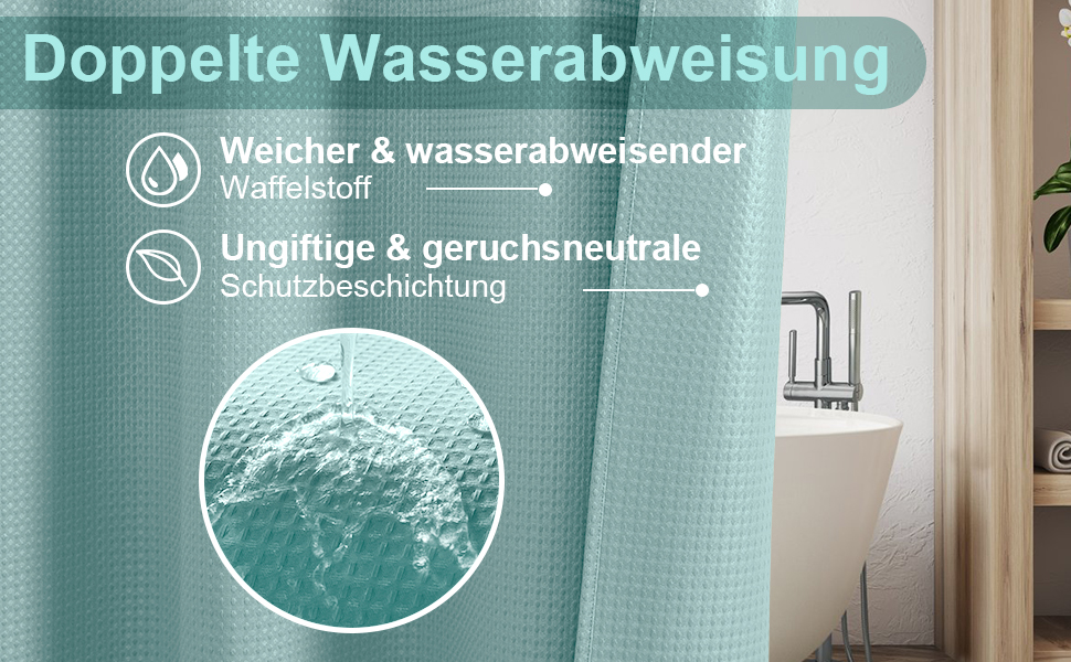 Шторка для душу з льону з металевими кільцями, тканинна, текстильна, для ванни, антигрибкова, водонепроникна, важка, для ванної кімнати, 182 x 182 см (Морська синя) (Вафля - Турквіс, H214 x B182 см (1 шт))