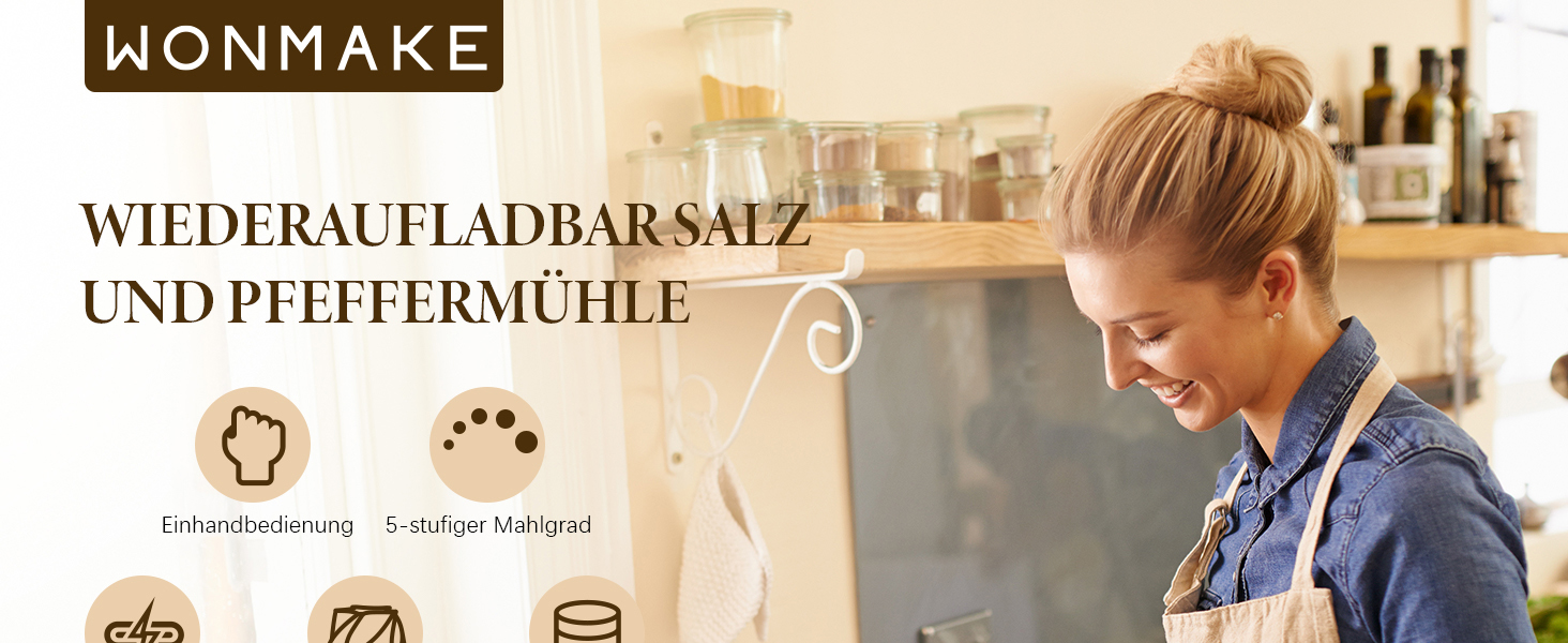 Електричні соляні та перечні млини WONMAKE з регульованим керамічним жорном, USB-зарядка, LED-підсвічуванням, великим об'ємом, з нержавіючої сталі