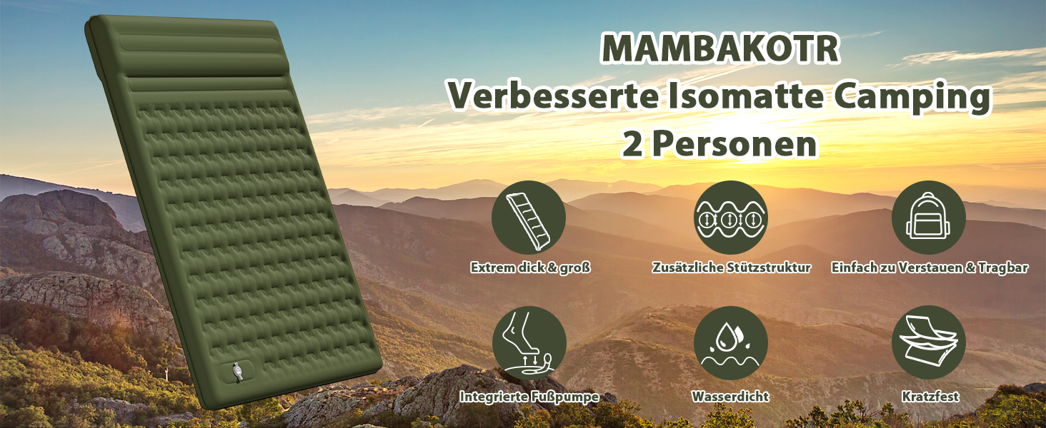 Повітряний матрац Isomatte для кемпінгу та подорожей, посилений, товщина 12-15 см, з вбудованим насосом та подушкою, армійний зелений, двомісний