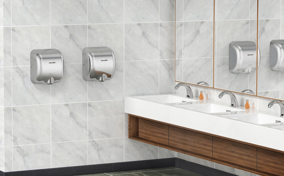 Anydry 2800 Klassisch: Електричний сушар для рук AnyDry, автоматичний, швидка сушка (8-12 сек), настінний монтаж, полірування, нержавіюча сталь, 1400-1650W, глянцевий