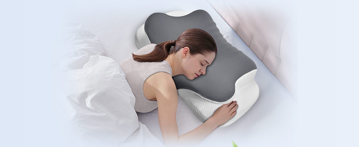 Подушка для шиї з піною з пам'яті, дихаюча, ергономічна, 65x37x10/12см, сіра