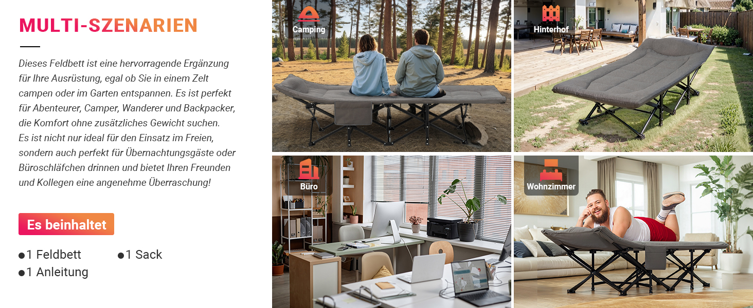 Розкладне польове ліжко OVERMONT з матрацом для кемпінгу та відпочинку, 190x70x40 см, витримує до 250 кг, тканина Оксфорд, з кишенею та сумкою для транспортування (Сірий)