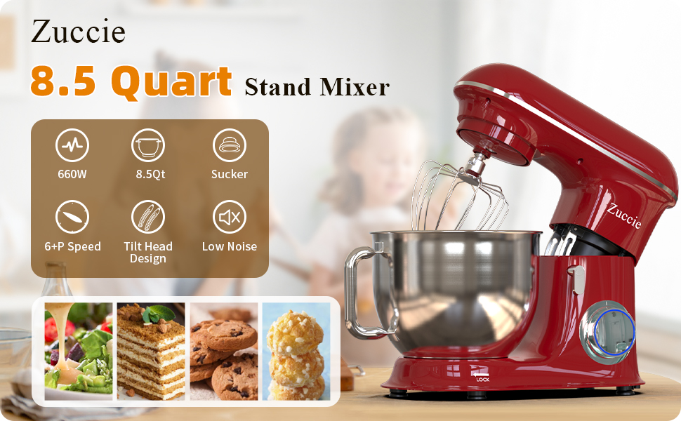 Кухонна машина Zuccie з тихою роботою, місткістю 5л, з нержавіючою сталевою чашею, 3 насадки, захист від бризок, скребок для тіста та роздільник яєць, 8+ швидкостей