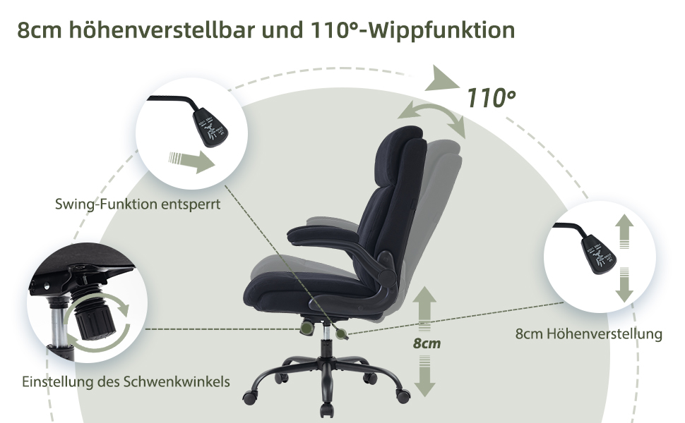 Органомічний офісний стілець CASTLOVE з підйомними підлокітниками, високою спинкою та функцією гойдання. Макс. вантажопідйомність 150 кг (Чорний, тканина)