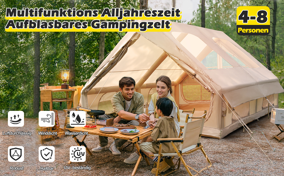 Надувний кемпінговий намет з димоходом та вікном, для 2-10 осіб з насосом, з водонепроникної тканини Oxford, швидке встановлення (4-8 осіб, велике вікно)