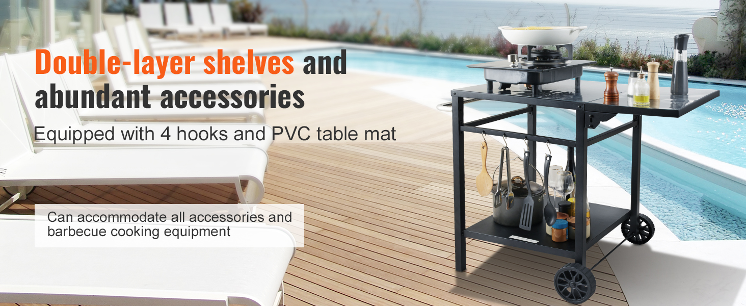 Grillwagen VEVOR: Мобільний вуличний гриль з подвійною полицею та регульованим столиком для приготування їжі (97,2 x 64 x 75,5 см)