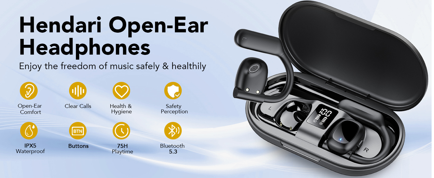 Навушники Hendari Open Ear Bluetooth 5.3, 75 год, глибокі баси, 4 мікрофони, IPX5, чорний