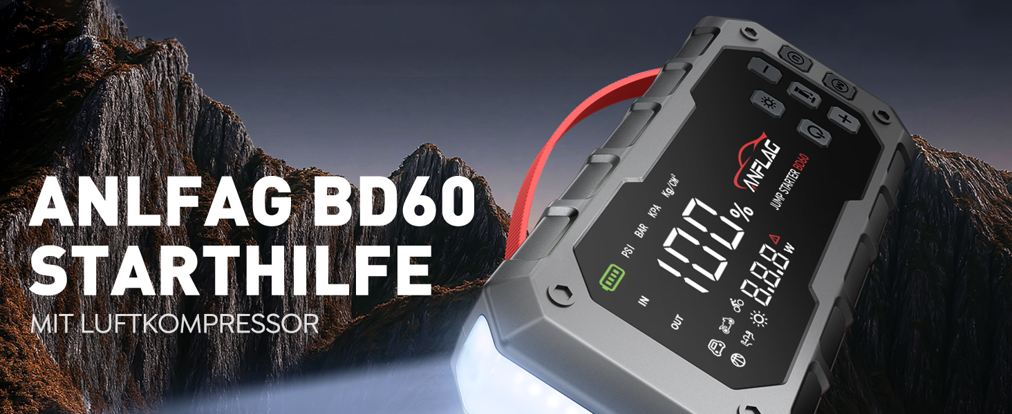 Powerbank для автомобіля ANFLAG 7000A з компресором 160PSI, 26800mAh, підтримка бензинових та дизельних двигунів (до 14.0L), PD65W, LED-ліхтар