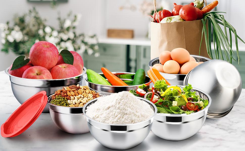 Набір мисок Homikit з нержавіючої сталі: для приготування, випічки та сервірування. 6.5/4.5/2/2.5/1.5/1.2/0.8 л (Червоний, 7)