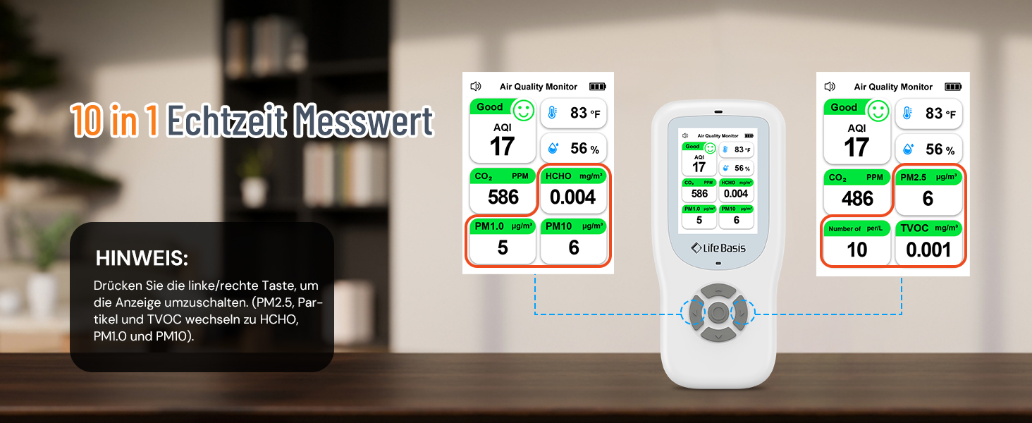 Детектор якості повітря LifeBasis 10 в 1: Формальдегід, AQI, PM2.5, PM10, HCHO, TVOC, CO2, Температура, Вологість. USB-зарядка для дому та офісу