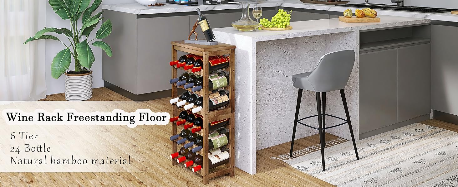Стеллаж для вина на 24 пляшки з бамбука, 6-рівневий, з полицями, горіхового кольору