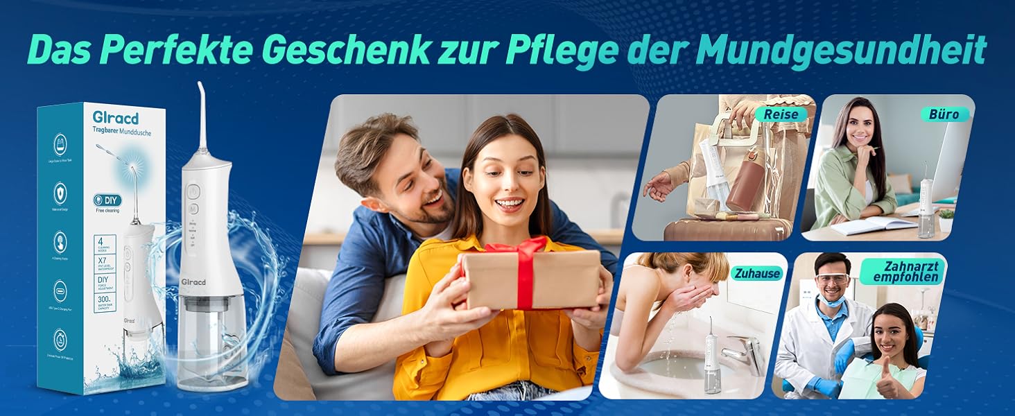 Іригатор для порожнини рота Munddusche, професійний, з технологією мікробульбашок, регулювання тиску води, для чищення зубів та брекетів, білий