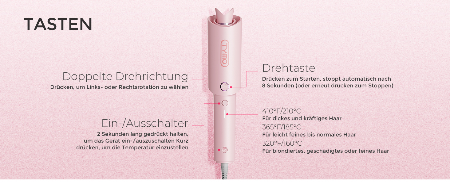 Автоматичний локон-стайлер TYMO CURLPRO 25mm - рожевий, з термозахистом, 3 температурні режими (160-210°C), для великих та маленьких локонів