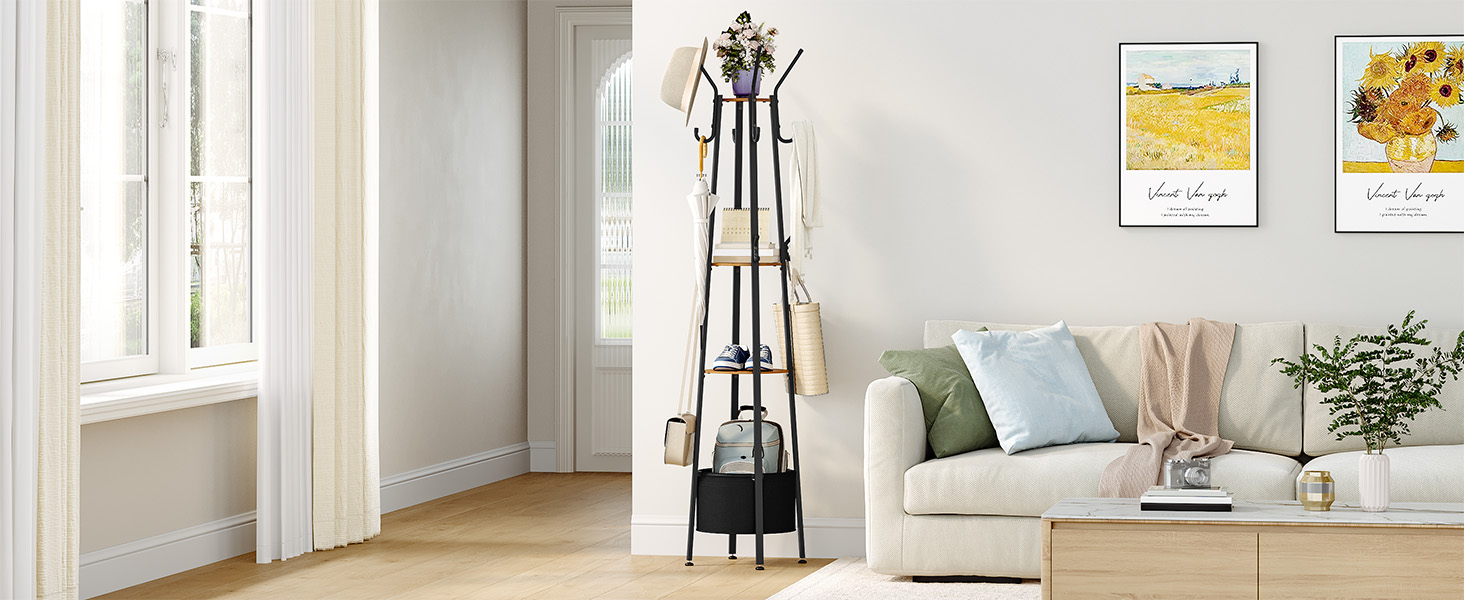 Вішалка для одягу Hzuaneri з великим кошиком для зберігання, 3 полиці, 16 гачків, 182,5 см, коричнево-чорна CR27301B