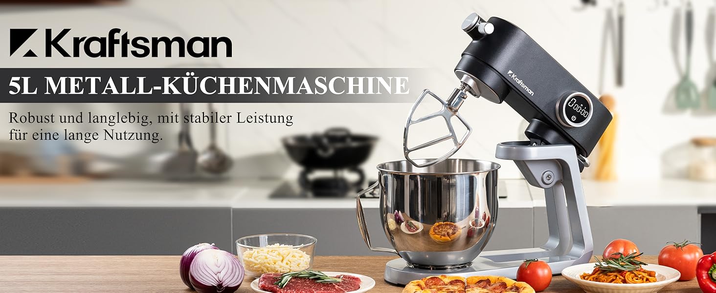 Кухонна машина 5л з місткою чашею з нержавіючої сталі, для тіста, піци, з таймером та 8 режимами. В комплекті: міксер, гак для тіста, вінчик, гнучкий вінчик. Чорний колір.