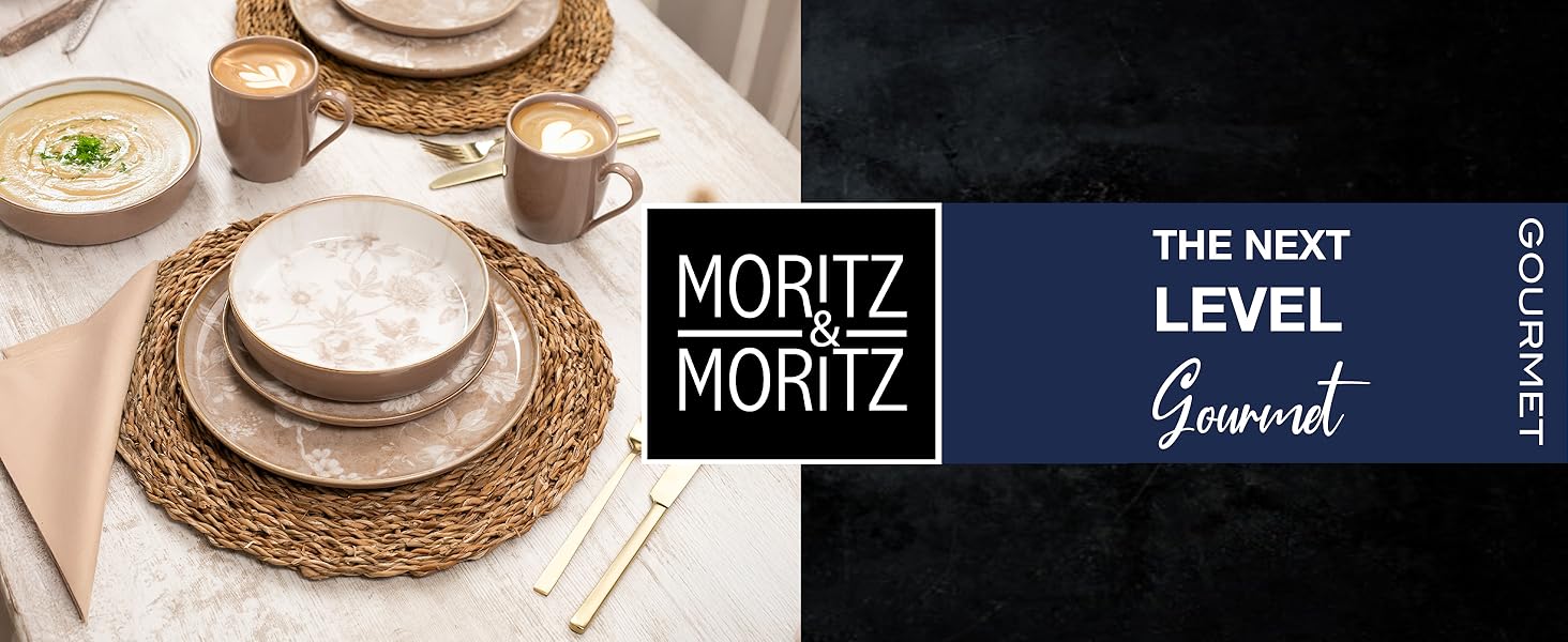 Набір посуду Moritz & Moritz MARIELLA Steingut 48 предметів для 12 осіб - Сучасний сервіз з кераміки бежевого кольору з вишуканим дизайном, легкий у догляді, включає тарілки, чашки, миски та інше.