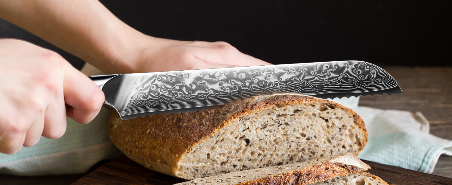 Японський кухонний ніж SHAN ZU 15 см з дамаської сталі (PRO Series) - ніж для хліба, 67 шарів вуглецевої сталі, G10 ручка
