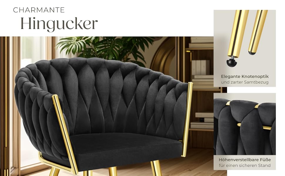 Крісла tectake® з оксамиту, комплект 2 шт., чорний/золотий, для вітальні, їдальні, туалетного столика