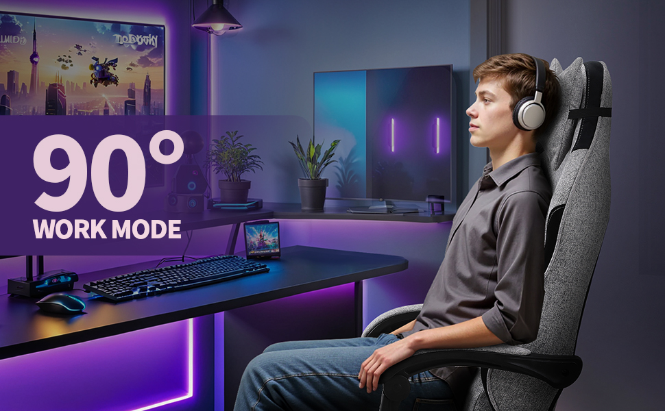 Ігровий крісло Stoff для дорослих, PC-крісло з підніжкою, ергономічний ігровий стілець, регульована спинка та висота, поворотний крісло з підтримкою попереку, до 150 кг, сірий