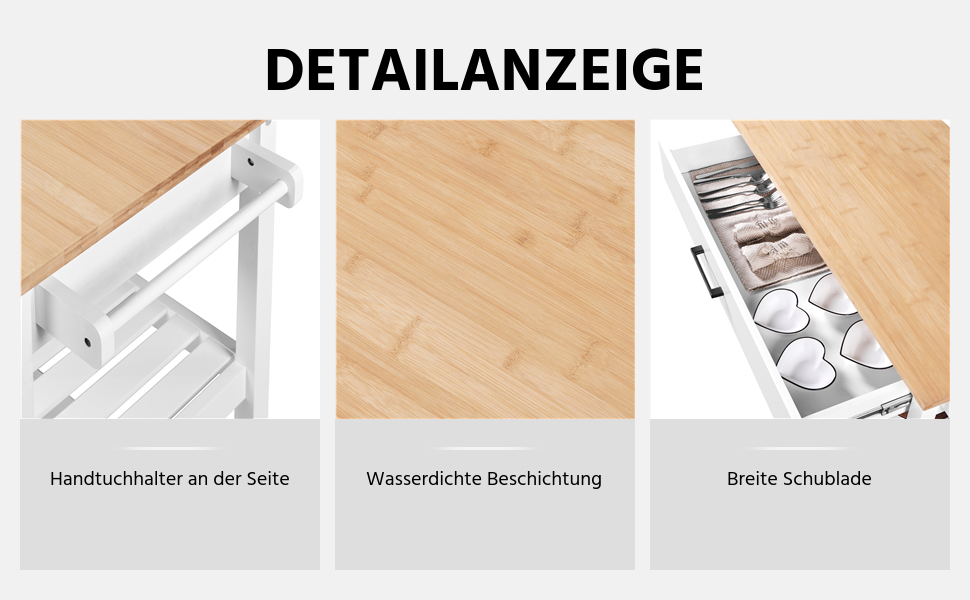 Сервісний візок Yaheetech з шухлядою, кухонний візок з 2 полицями, мобільний візок, кухонна вітрина, мобільний острівець, білий, 51 x 101,5 x 92 см