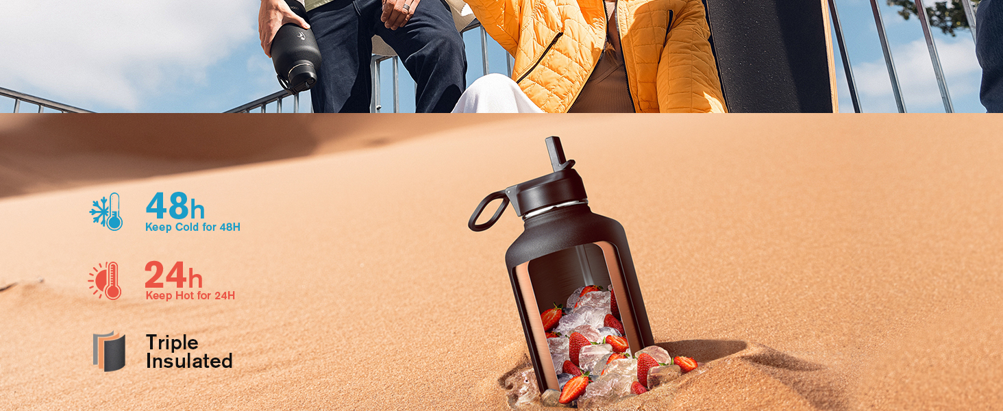 Термобутилка Coolflask 2Л зі сталі нержавіюючої з соломинкою та 3 кришками, вакуумний ізольований спорт-флакон для води та офісу, герметична, колір Indigo Black