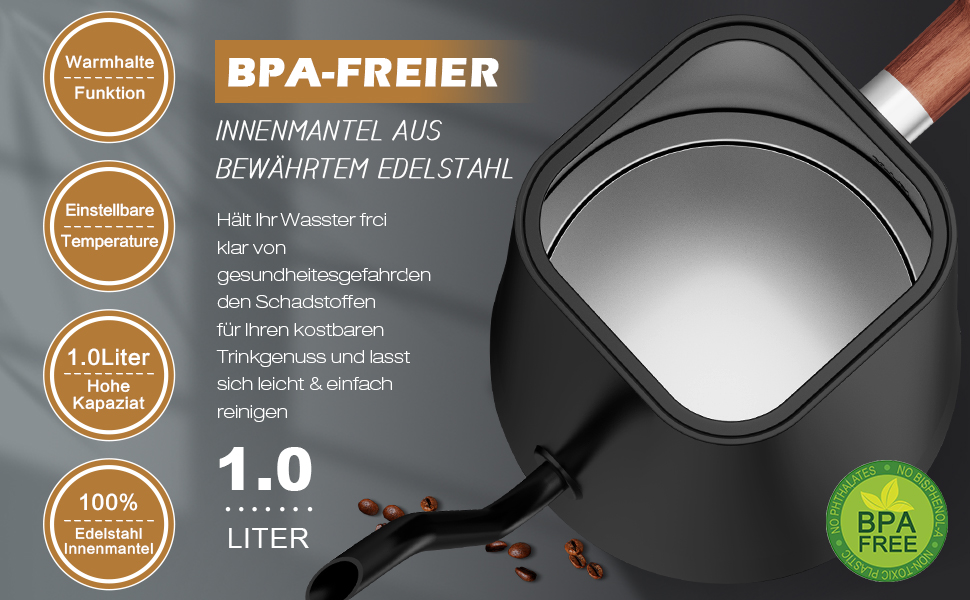 Електричний чайник з нержавіючої сталі 1L з лебідь-шийкою, функцією підтримки тепла 24 години та швидким нагрівом 1200W з індикатором температури