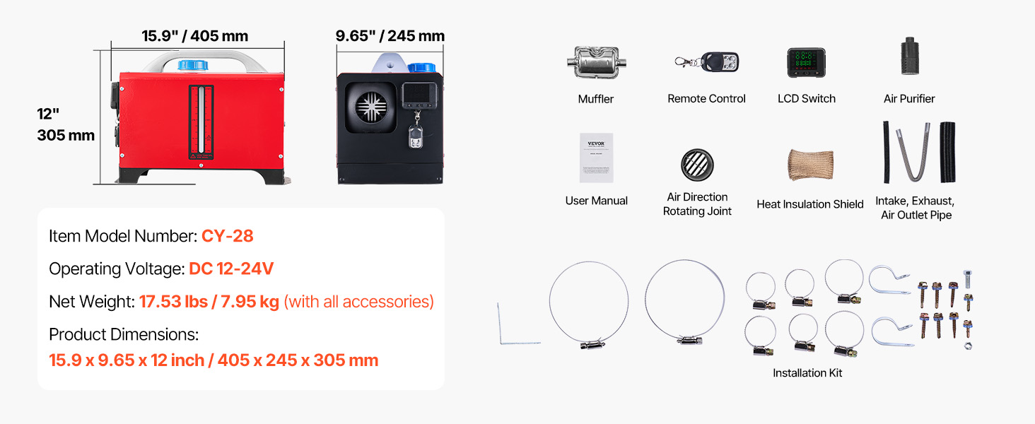 VEVOR 12V дизельний автономний опалювач, 8kW, повітряний опалювач для авто, RV, вантажівки, автобуса з пультом дистанційного керування (LCD, 1 вихідний отвір, червоний)