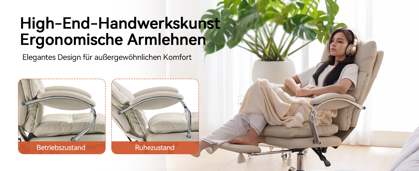 Офісний крісло EMIAH з підставкою для ніг, комфортний крісло для роботи з підлокітниками, ергономічний крісло для начальника з PU шкіри та роликами, ігровий комп'ютерний стілець з потовщеним сидінням, без функції масажу (Бежевий)