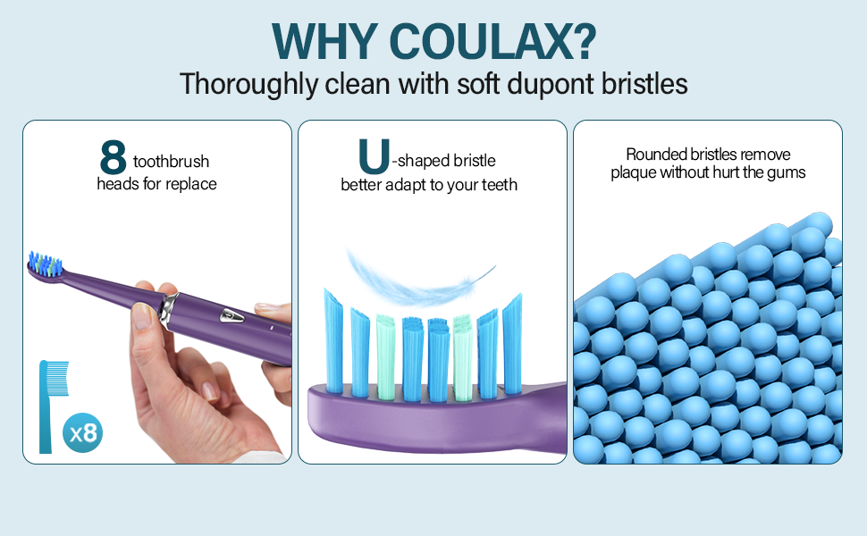 Електрична зубна щітка Coulax для дорослих та дітей з 8 насадками, 5 режимів, таймер 2 хв, фіолетовий