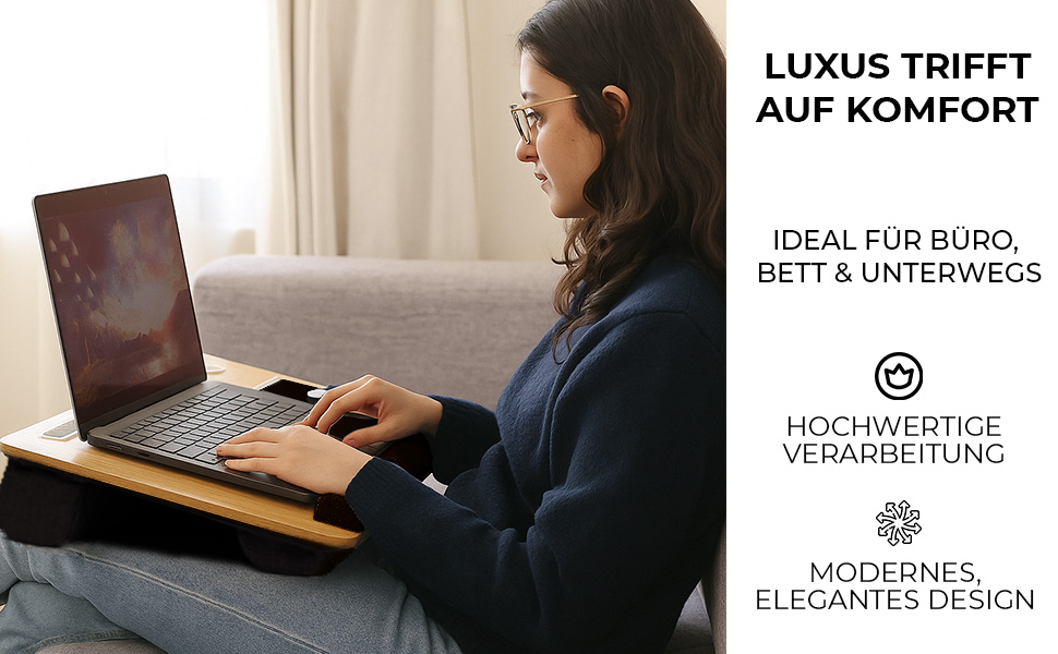 Підставка для ноутбука в ліжко та диван – з подушкою, тримачем для телефону та підкладкою для зап'ястя – підходить для ноутбуків до 17' – легка та комфортна для офісу, навчання та відпочинку (Сірий, Чорний)