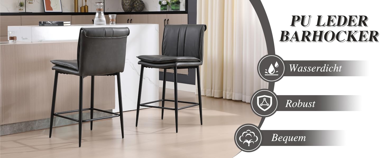 Набір з 2 барних стільців Chairus з PU шкірою, без підлокітників, для кухні, вітальні, острівця (зелений, сірий)