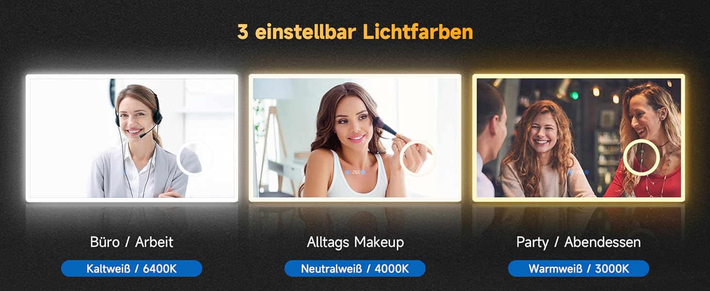 Дзеркало для ванної кімнати SONNI з підсвічуванням 80x60 см, 3 кольори світла, проти запотівання, LED, сенсорне управління, годинник, температура, 3x збільшення