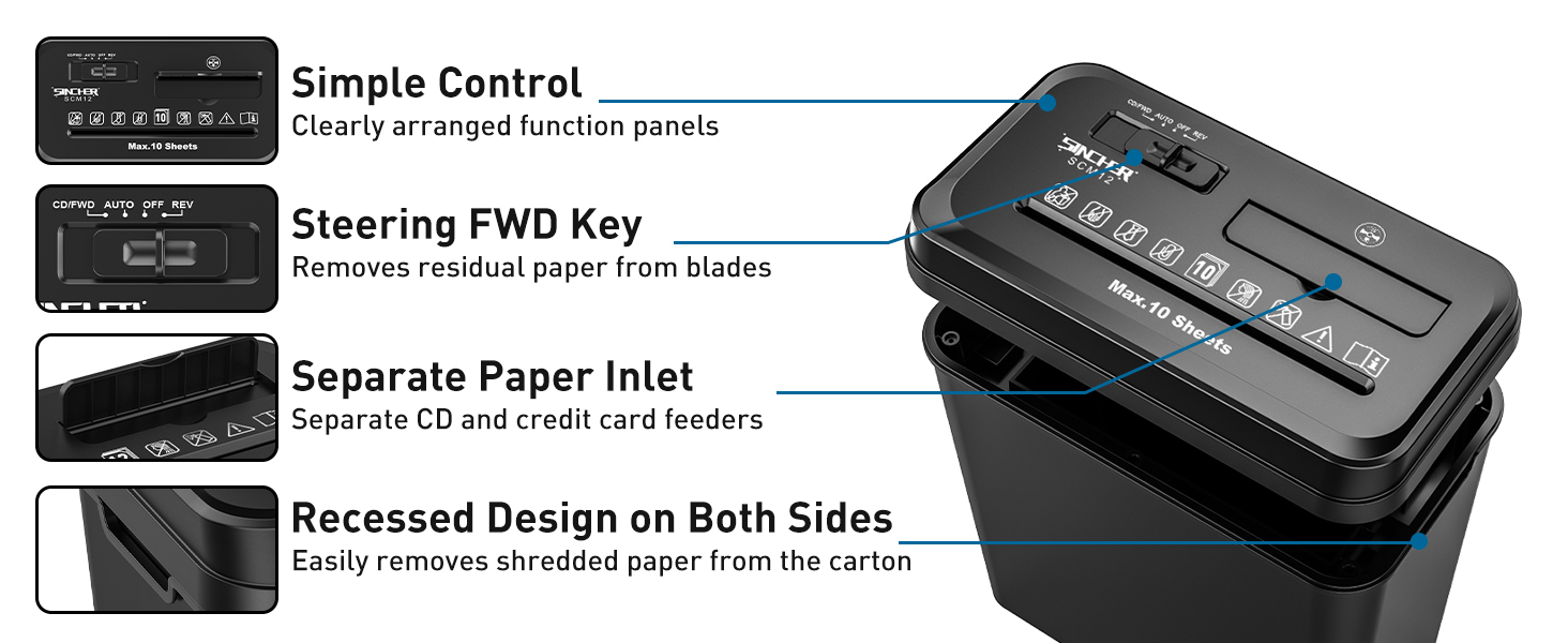 Шредер SINCHEREU для офісу та дому, 6 листів, P4, 11л кошик, знищення картки/CD, захист від перегріву