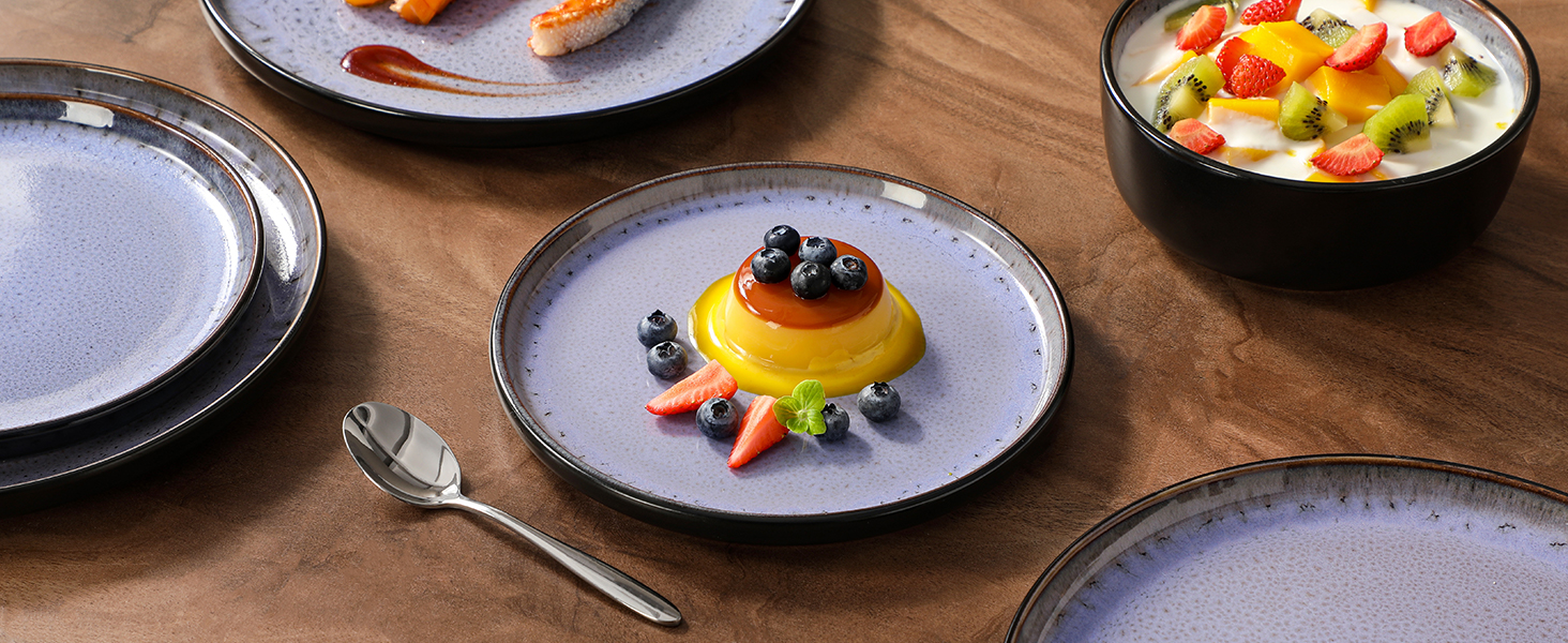 Набір посуду Steingut vancasso AMBER на 6 осіб (24 шт.): тарілки, супові тарілки, десертні тарілки, миски, реактивна глазур, колір фіолетовий, безпечний для миття в посудомийній машині