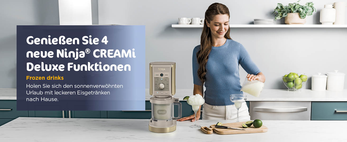 Ninja CREAMi Deluxe NC502EUSTGD – Морожениця, сорбетороб, шейкер для смузі та замороженого йогурту (2 контейнери, 10 функцій, золотий)