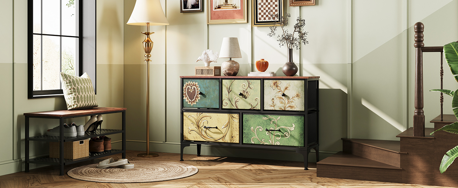 Комод WLIVE з 5 висувними ящиками з тканини, шафа для спальні, комод у вітальню, зі сталевим каркасом, богемний стиль, 29.8T x 100B x 63.7H см (5 ящиків), зелений