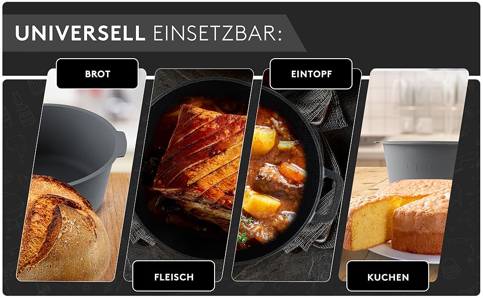 Чавунний горщик для випікання хліба Gusseisen - міцний горщик з антипригарною силіконовою вставкою, 4.6 л, з кришкою. Підходить для випікання, тушкування та смаження