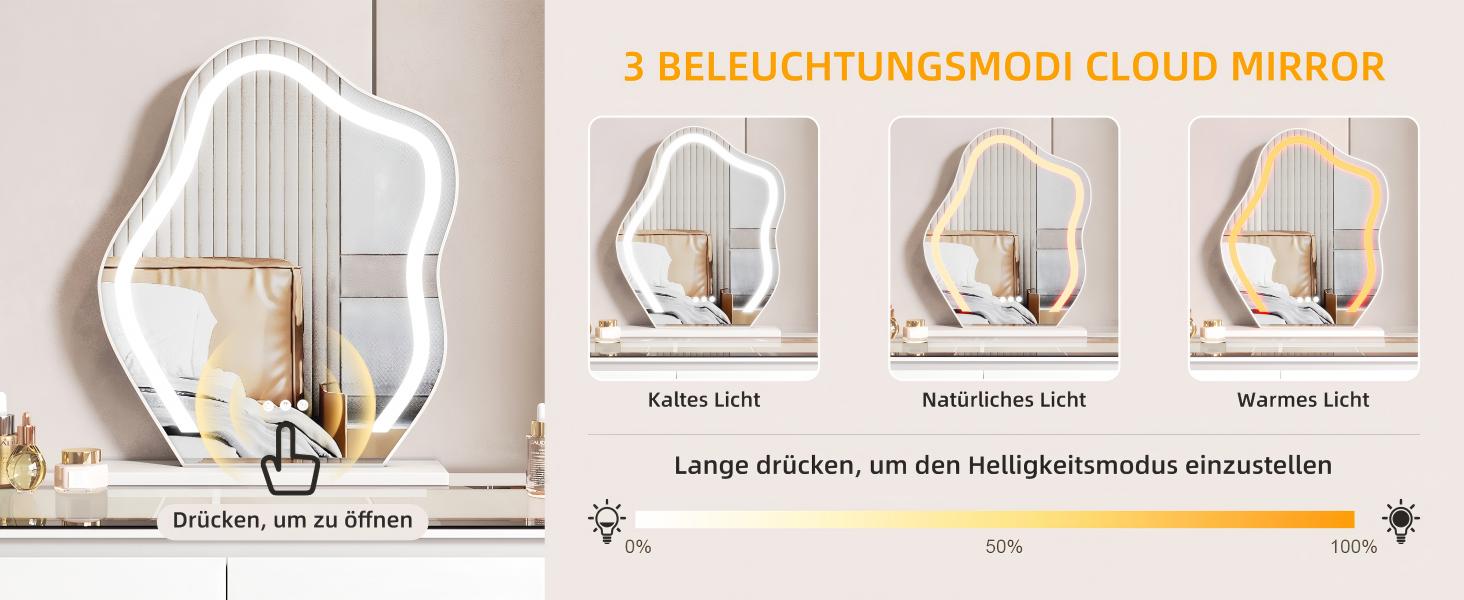 Тюль для макіяжу BROTTAR з регульованою LED-підсвіткою, туалетний столик зі дзеркалом, тумбочка з 5 висувними ящиками, кутовий туалетний столик, L-подібний, кутовий туалетний столик зі скляною стільницею, білий, стиль A